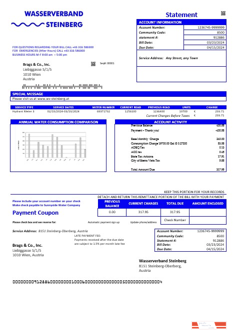 Austria Wasserverband Steinberg water business utility bill template in Word and PDF format